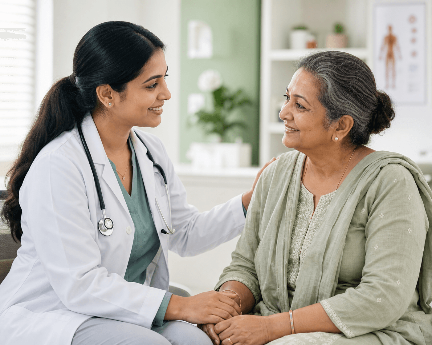 Doctor reassuring a senior patient during a personalized consultation
