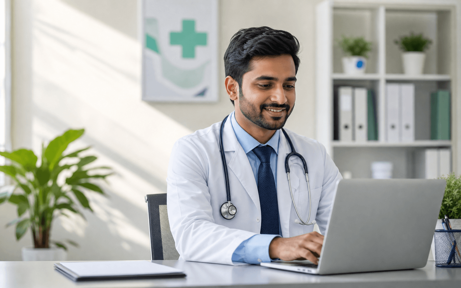 Doctor working on a laptop in a bright modern clinic