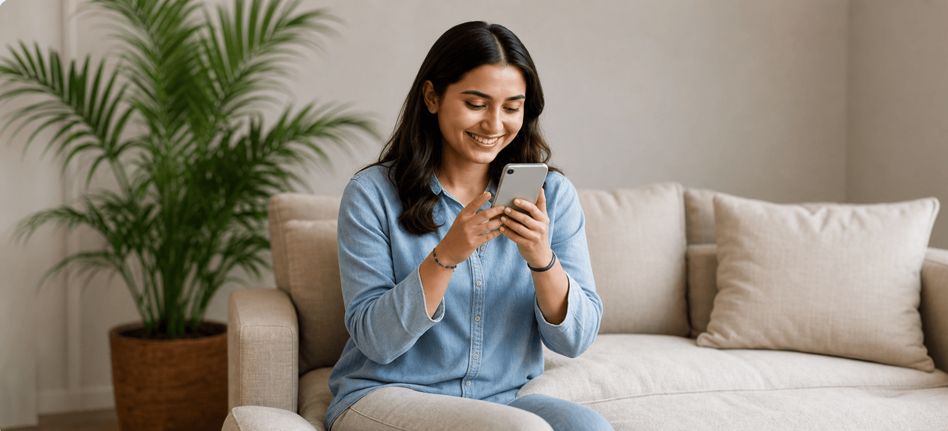 Patient using her phone to access care from home