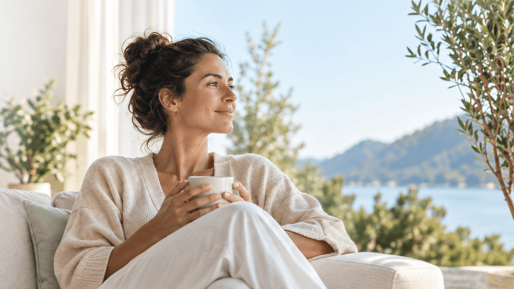 A woman relaxing with a warm drink beside a bright lakeside view
