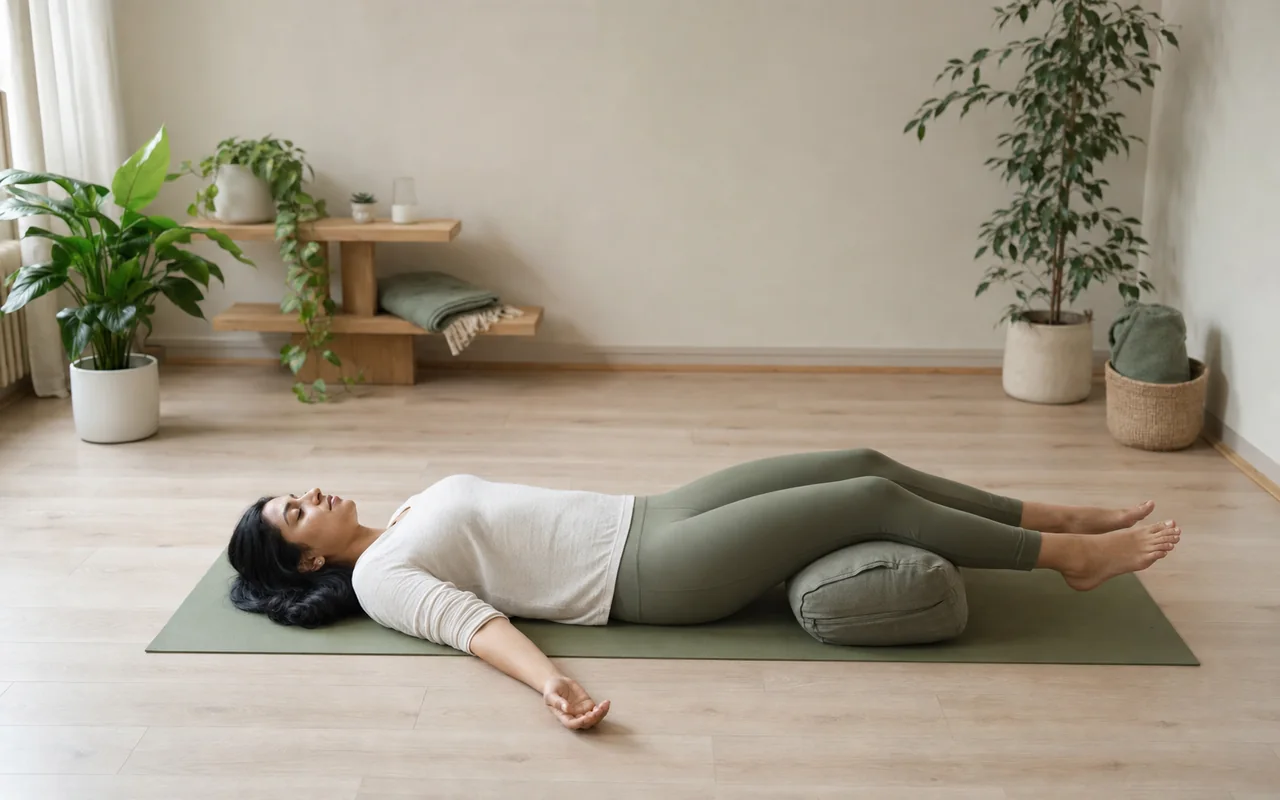 A South Asian woman resting with knee support during a body scan meditation