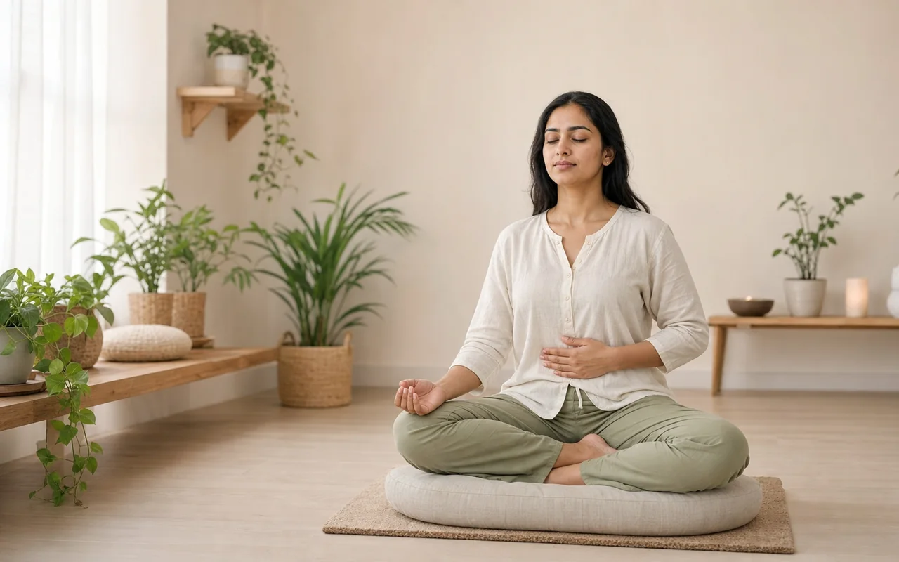 A South Asian woman practising gentle breath awareness meditation