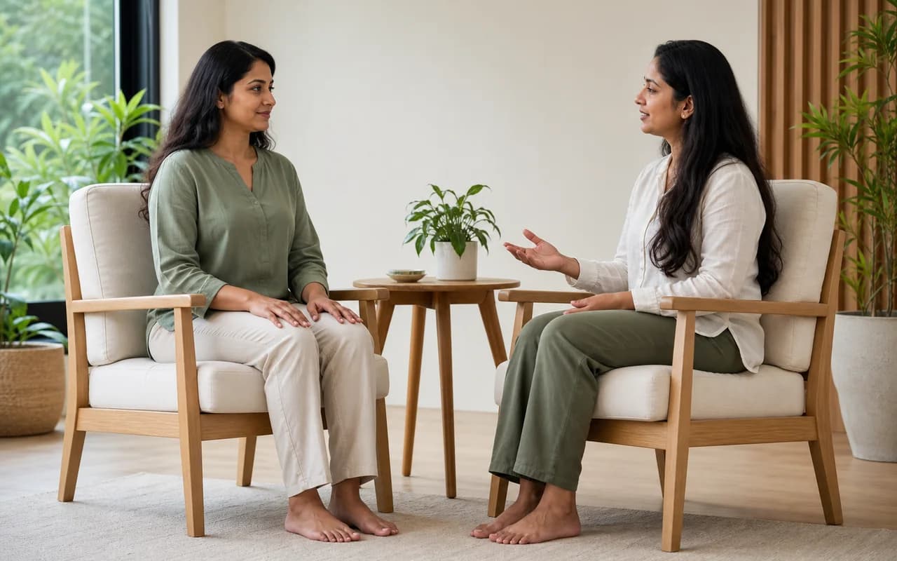 A facilitator guiding a South Asian woman through a chair-based grounding meditation