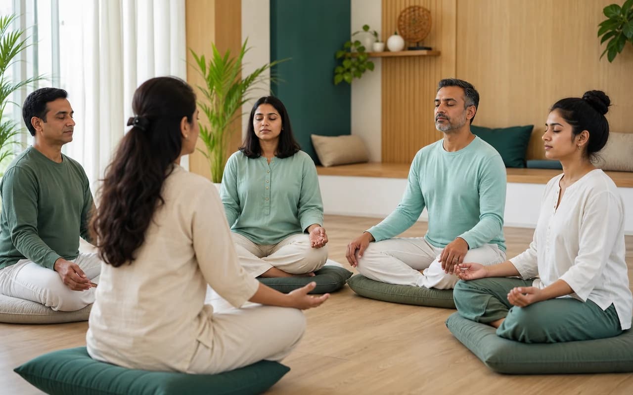 A facilitator guiding South Asian adults through seated meditation