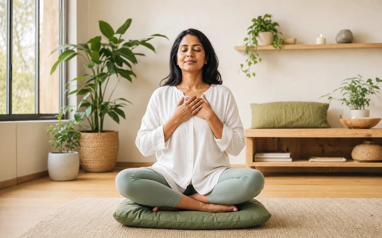 A South Asian woman practising loving-kindness meditation with hands resting over her chest