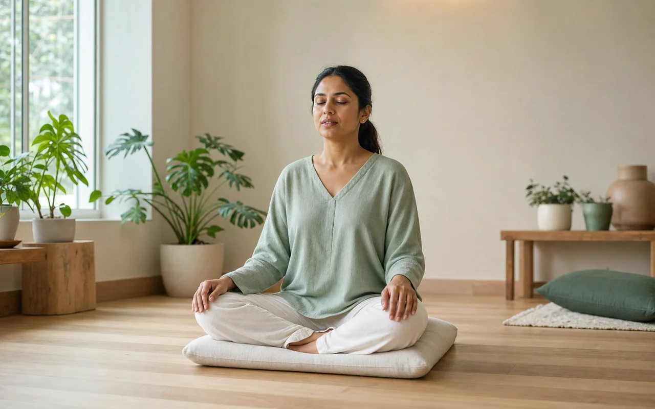 A South Asian woman seated comfortably during quiet mantra meditation