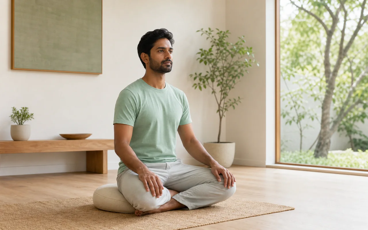 A South Asian man practising seated mindfulness meditation near a window