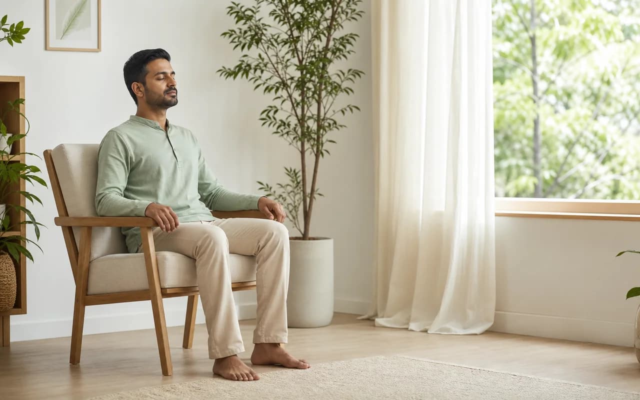 A South Asian man practising chair-based sound awareness meditation