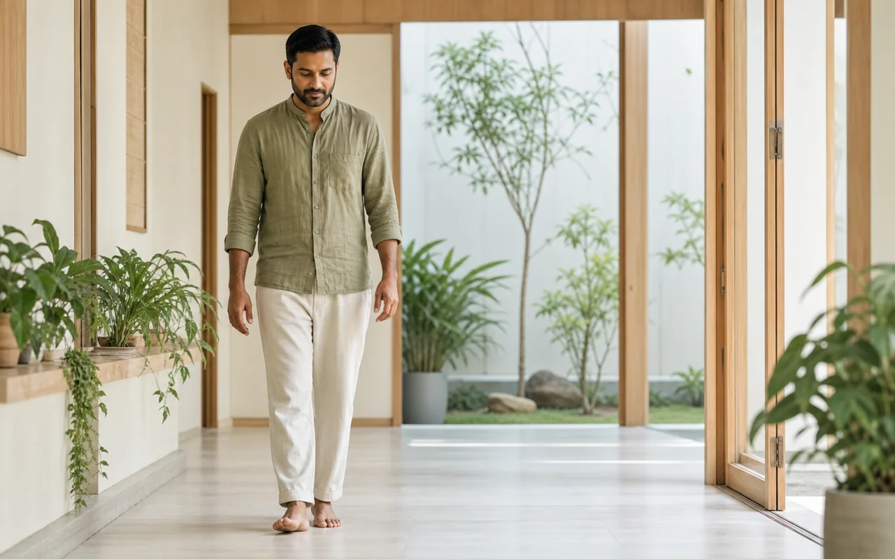A South Asian man practising slow walking meditation in a quiet corridor
