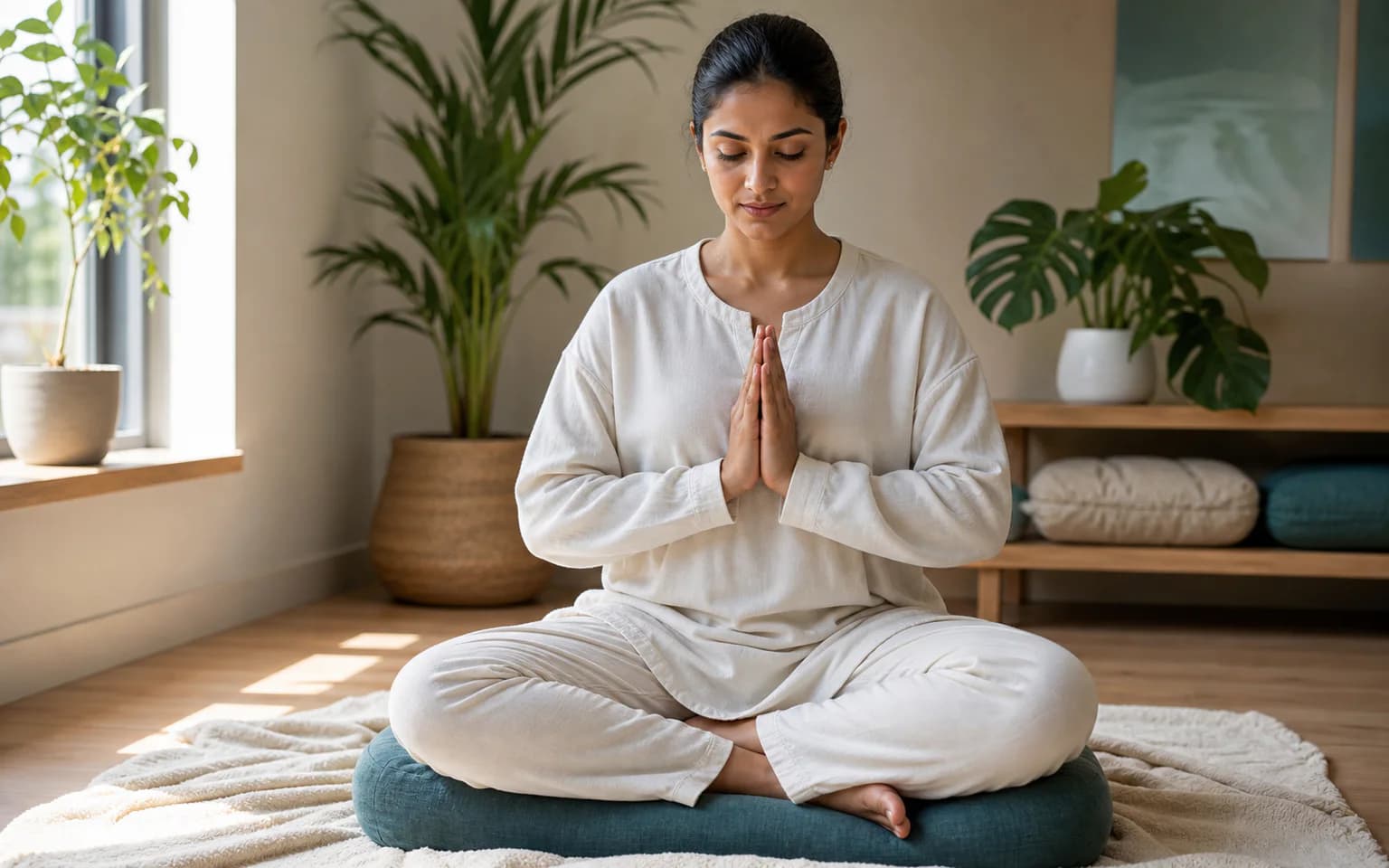 A South Asian woman practising Gassho meditation with relaxed palms joined at the chest