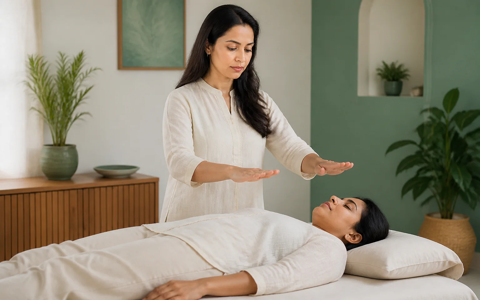 A South Asian practitioner keeping both hands visibly above a fully clothed client