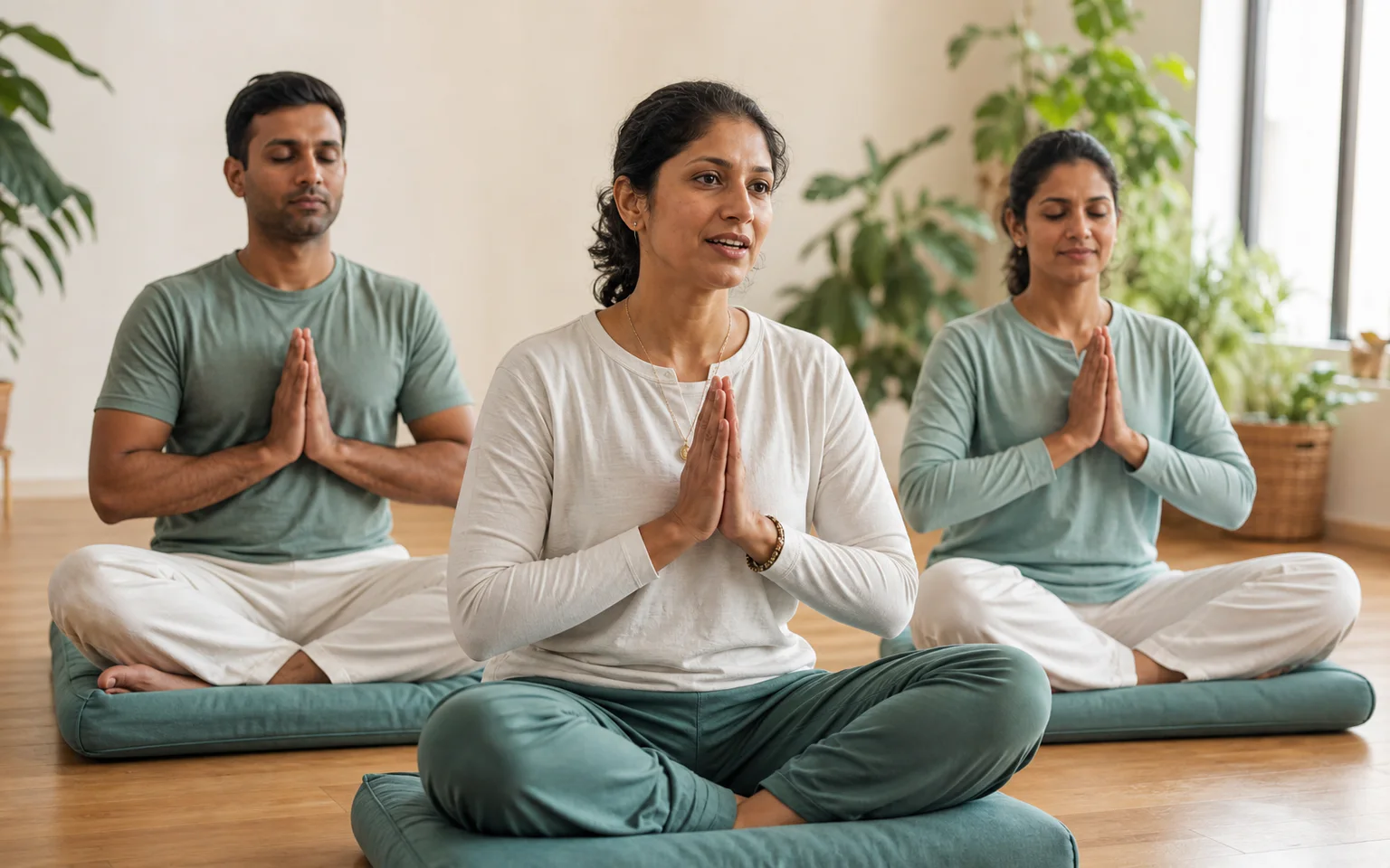 A small South Asian group following a guided Hatsurei Hō meditation practice