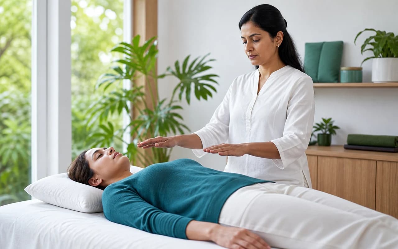A South Asian practitioner holding her hands above a fully clothed client during a calm Reiki session