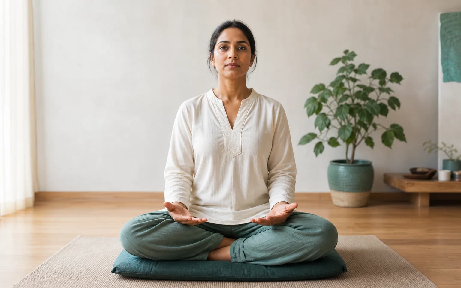 A South Asian woman seated upright with open palms during Jōshin Kokyū Hō practice