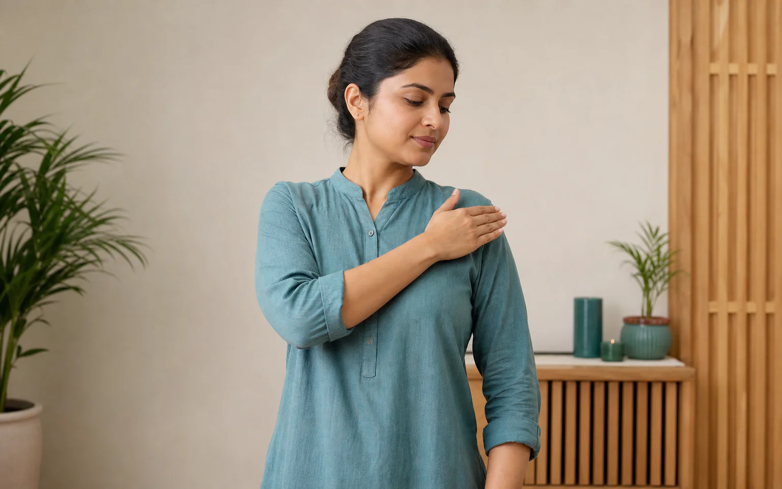 A South Asian practitioner demonstrating a Kenyoku Hō sweep from the opposite shoulder