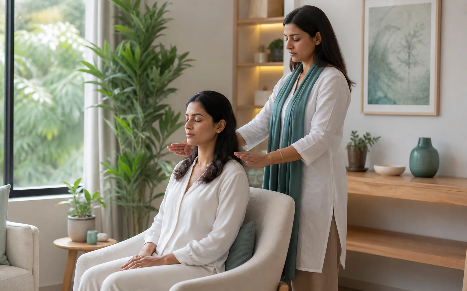 A South Asian practitioner offering a respectful seated Reiki session near a client's shoulders