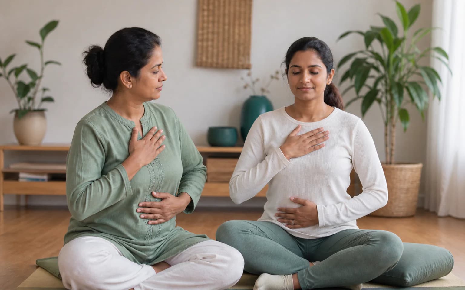 A South Asian instructor demonstrating a comfortable self-Reiki hand position with a learner