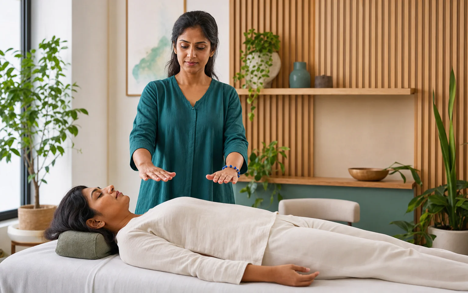 A South Asian practitioner offering a hands-above table Reiki session to a fully clothed client