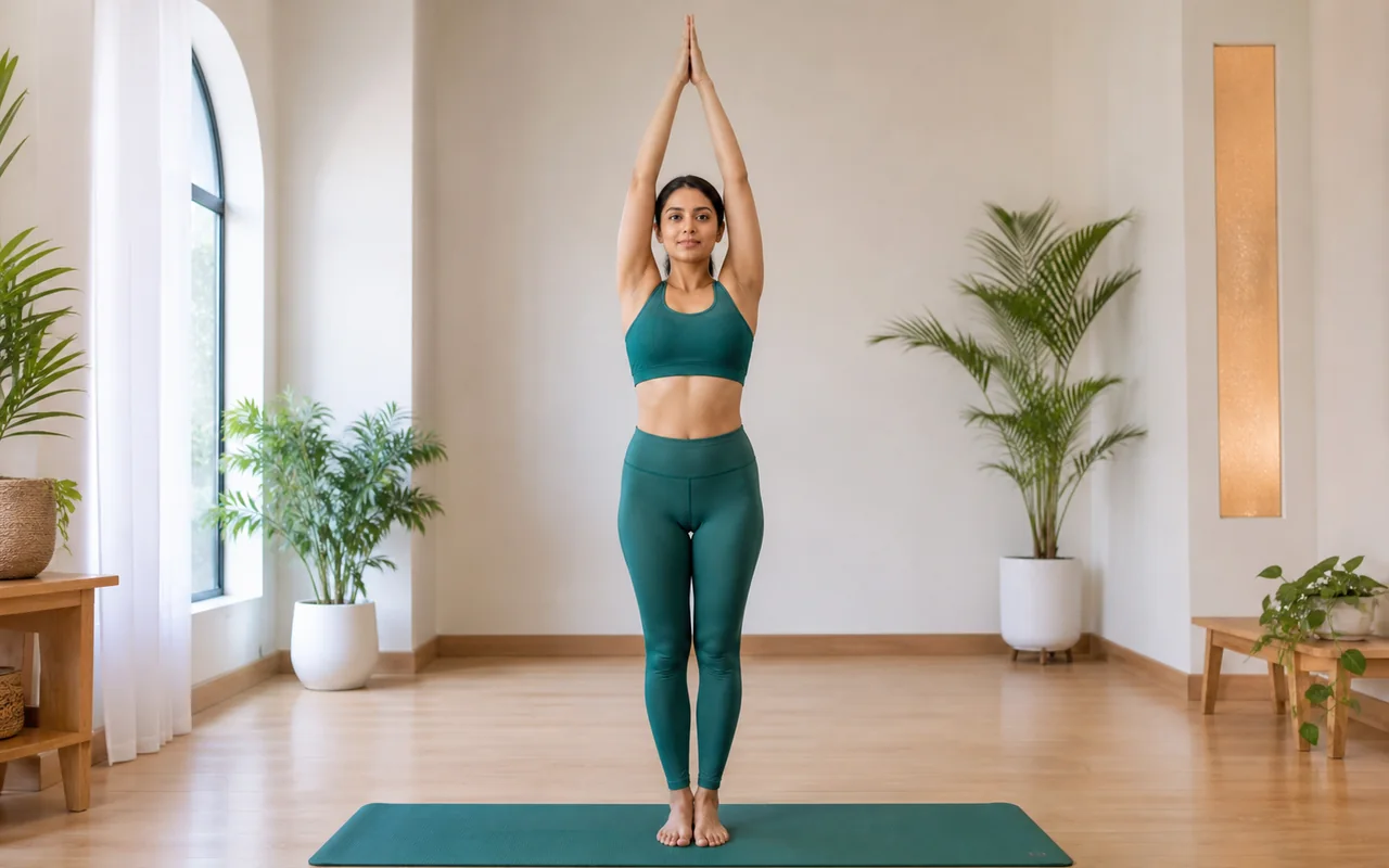 A South Asian woman practising Tadasana in a bright yoga studio