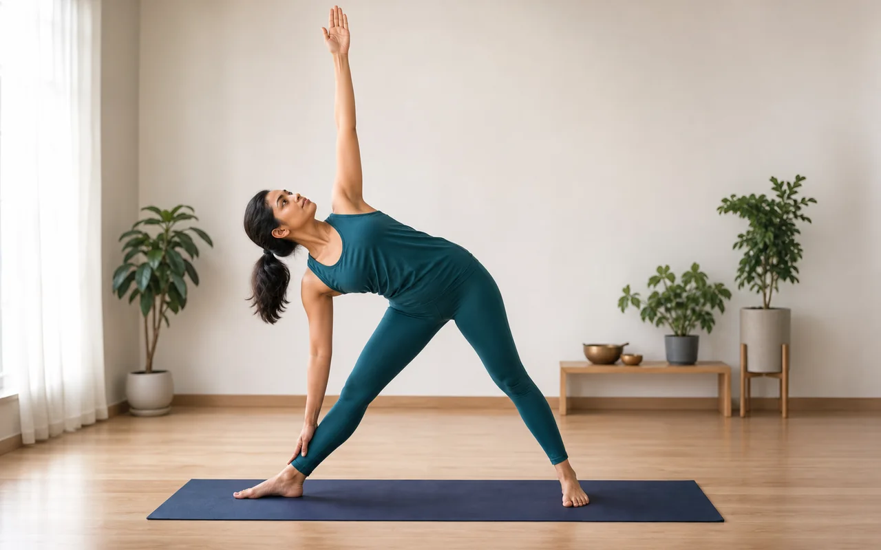 A South Asian woman practising Trikonasana on a yoga mat