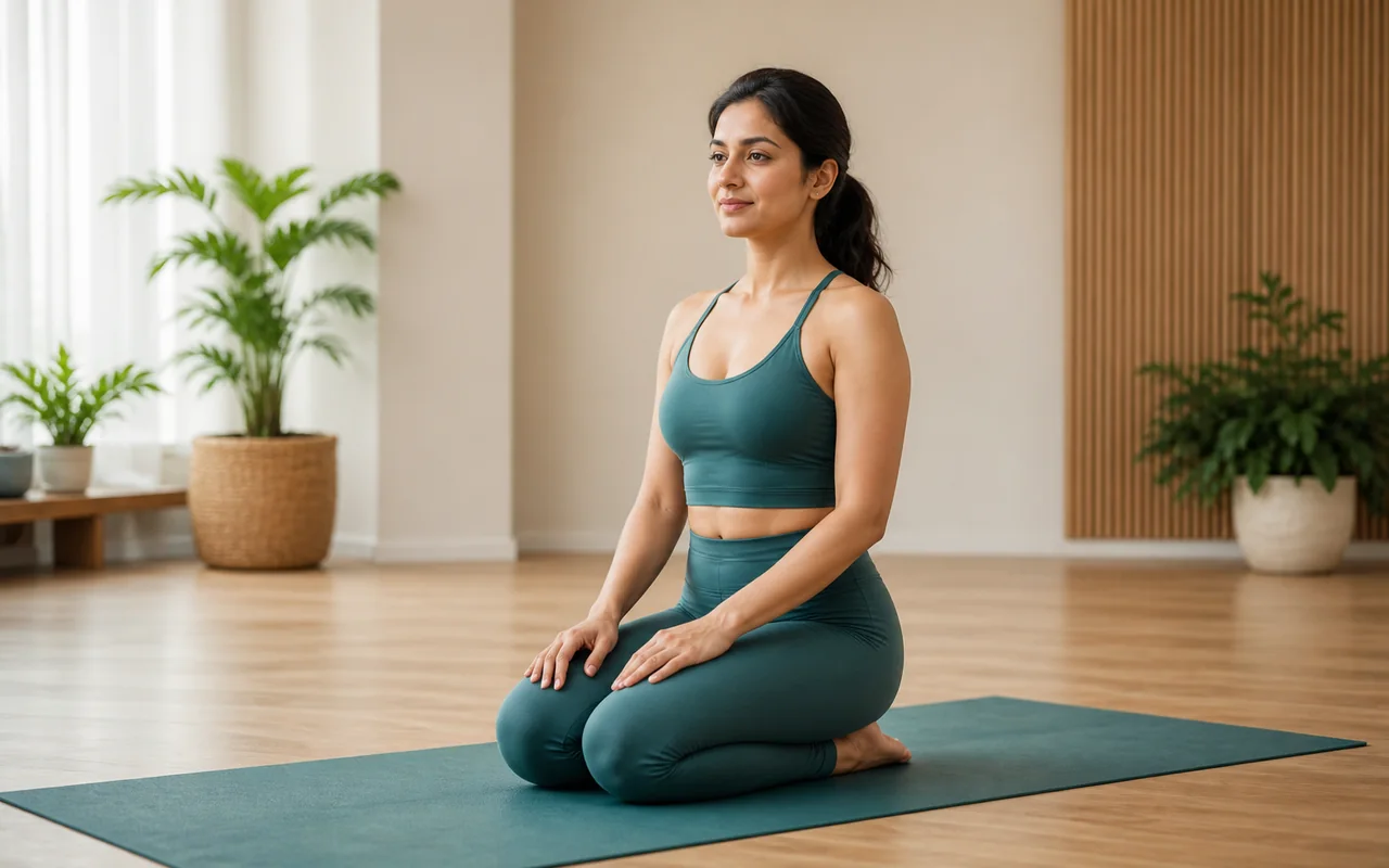 A South Asian woman practising Vajrasana with a relaxed upright posture