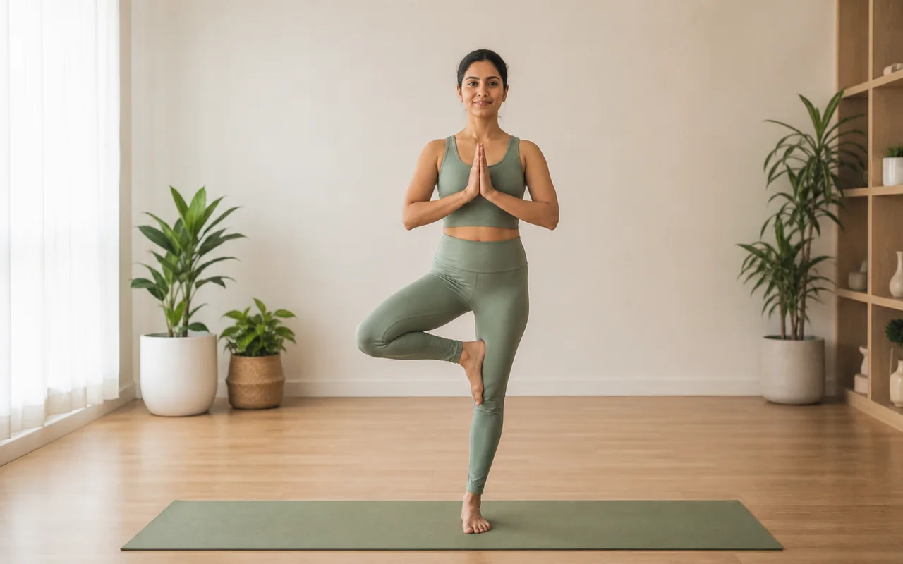 A South Asian woman practising Vrikshasana with a stable gaze