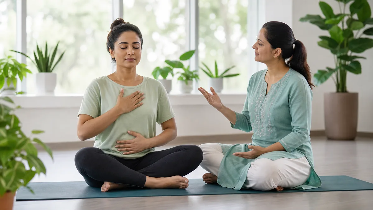 Instructor guiding a calm breathing and relaxation practice