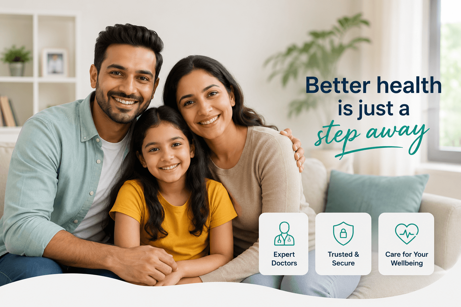 Family of three smiling together
