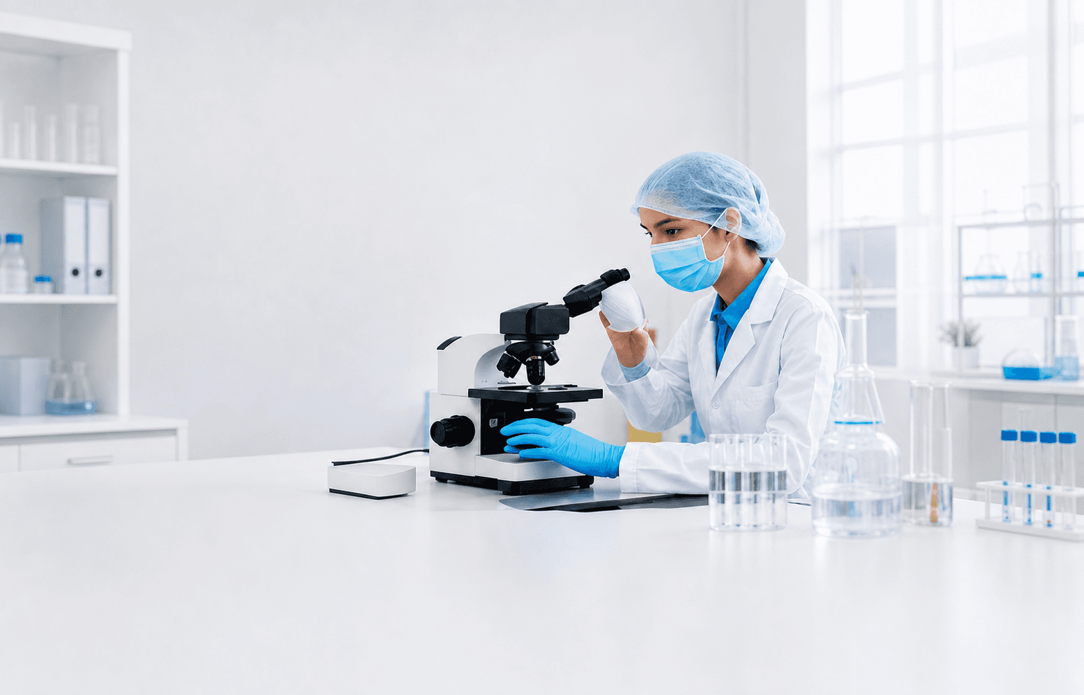 Laboratory technician examining a sample with a microscope