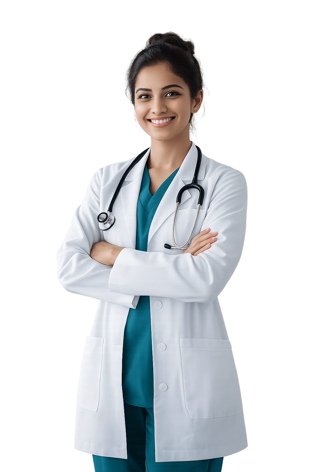 Female doctor standing with her arms crossed