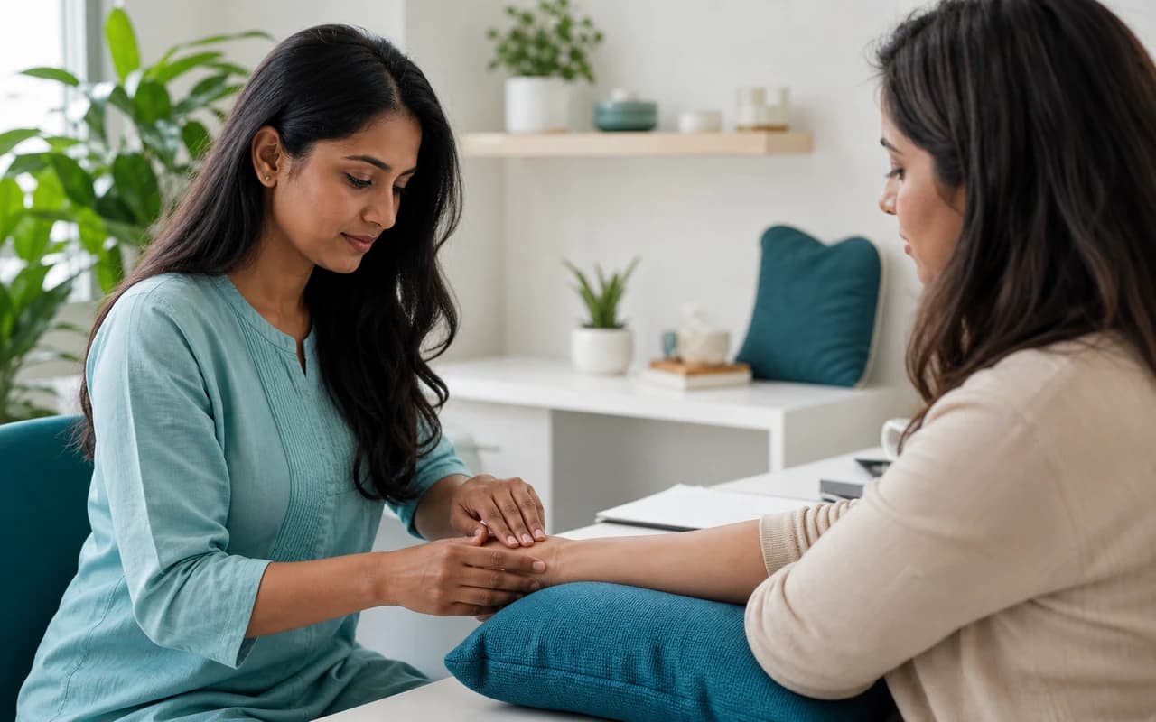 A practitioner discussing a non-invasive point-based therapy session