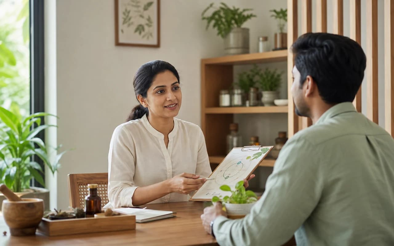 A South Asian Ayurveda practitioner in a calm consultation