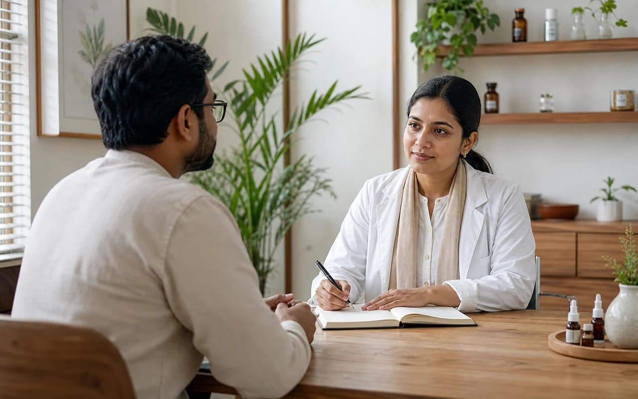 A practitioner speaking with a client during a Homoeopathy consultation