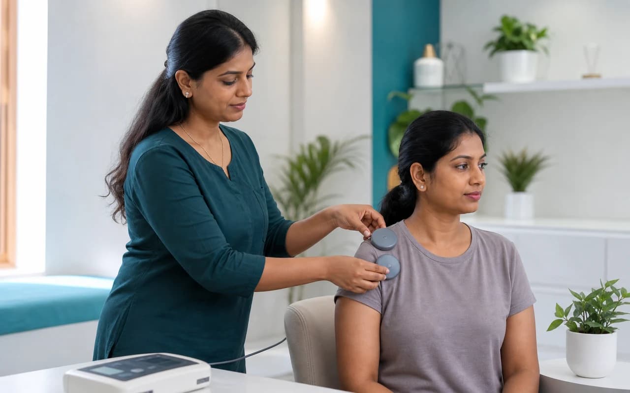A practitioner demonstrating non-invasive magneto therapy over clothing