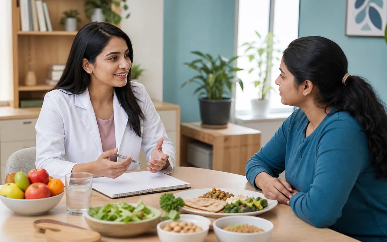 A nutrition professional discussing a balanced meal plan with a client
