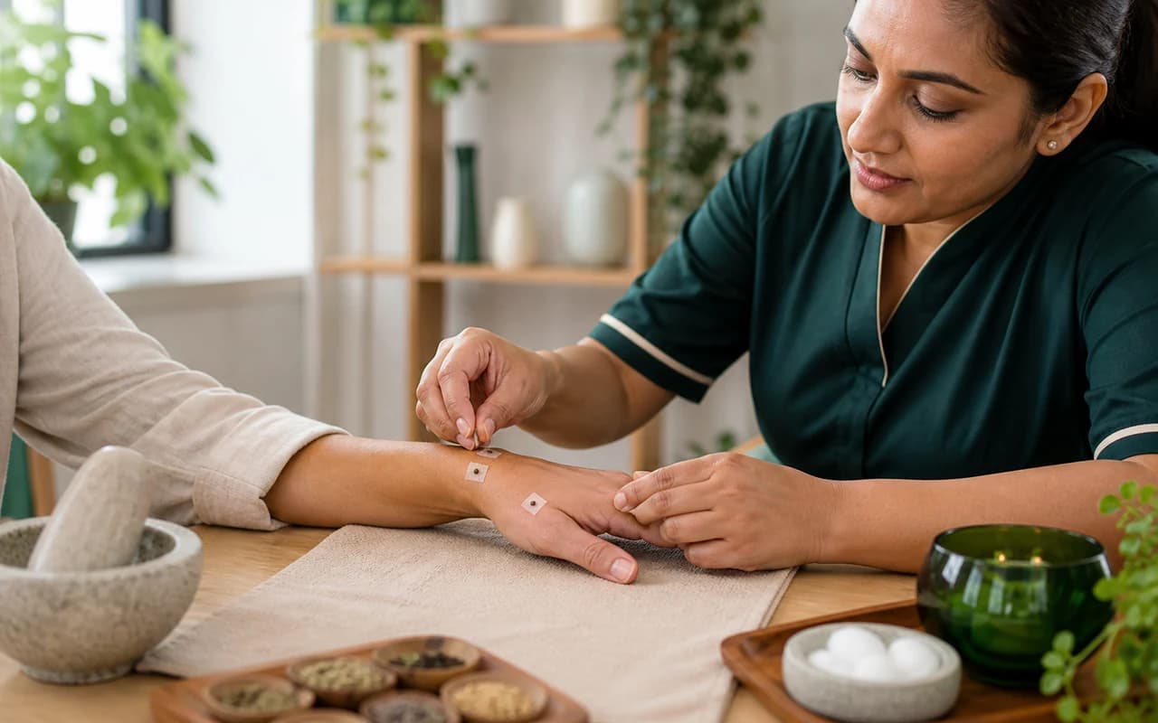 A practitioner demonstrating seed therapy on a hand