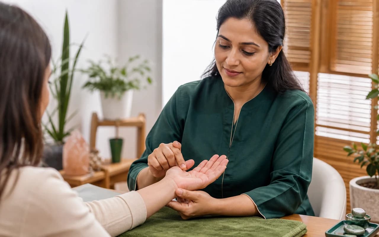 A practitioner explaining non-invasive Sujok hand-point therapy