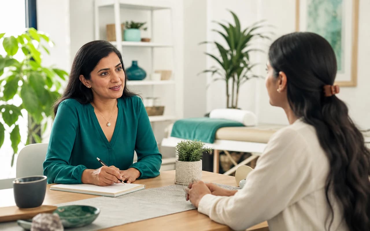 A South Asian practitioner discussing complementary therapy options with a client