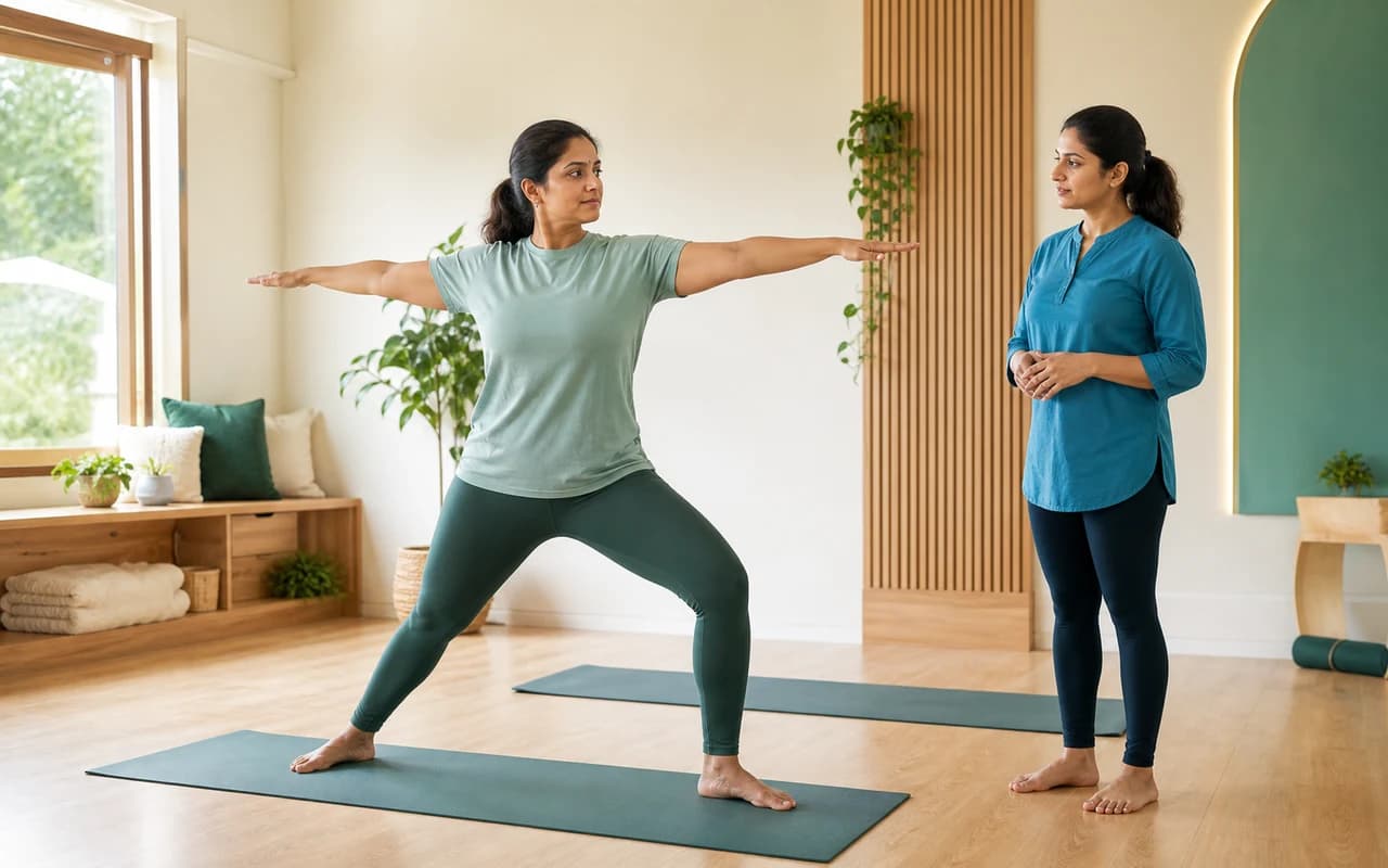 A South Asian woman practising a supported standing yoga posture with an instructor